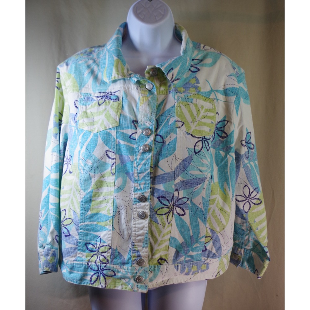 Lark Lane Women's Size 18 Tropical Floral‎ Denim Jacket Blue Green Plus Size